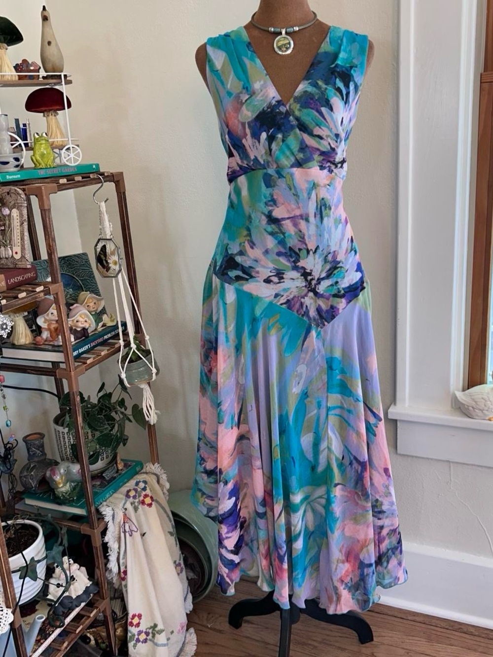 Pink Purple Watercolor Asymmetrical Handkerchief Hem V-Neck Maxi Dress by DB